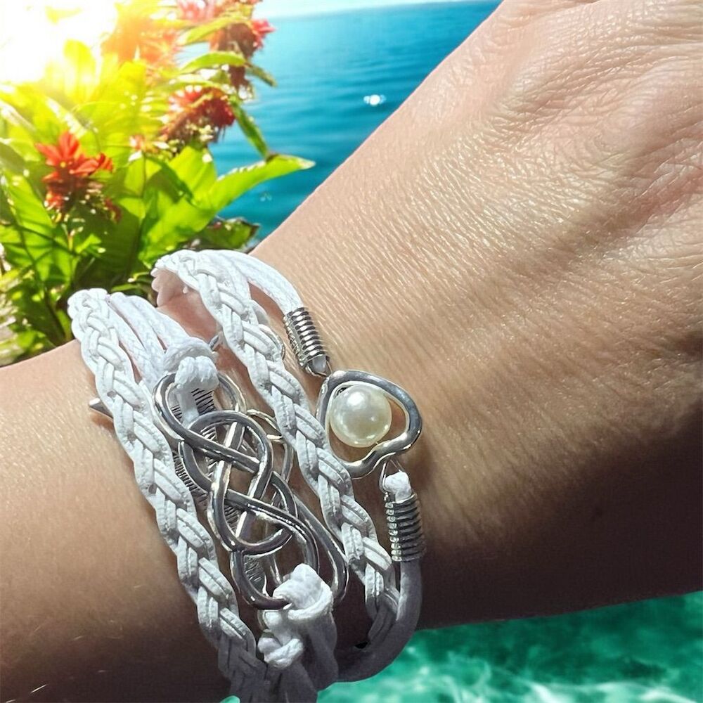 French-Themed Faux Leather Bracelet w/ Silver Charms & Pearl - White Adj… - Picture 8 of 8